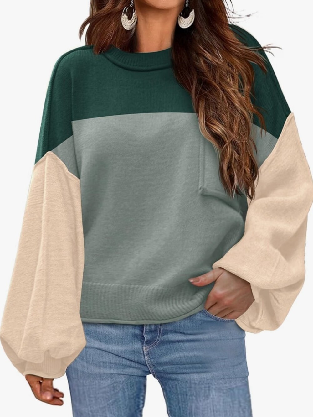 Sweater Crewneck Lantern Long Sleeve Ribbed Hem Knit Pullover Top